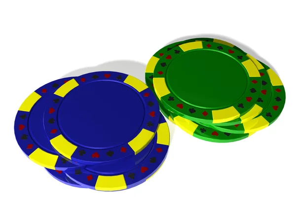 Blauwe en groene heap van poker chips — Stockfoto