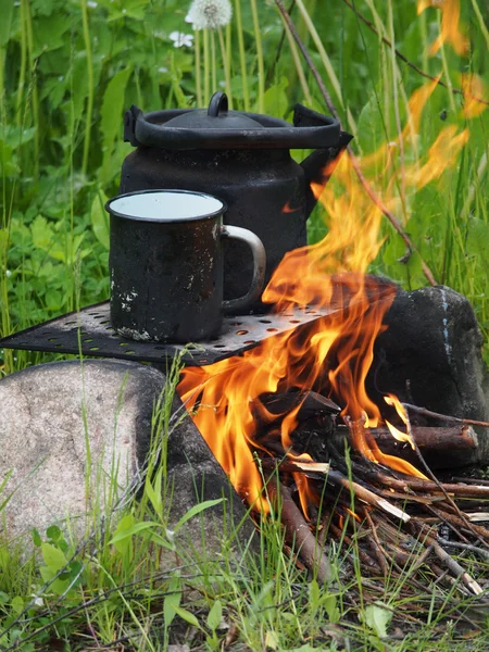 Theepot en waterkoker op een brand in de zomer — Stockfoto