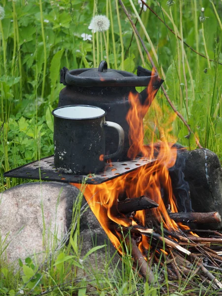 Theepot en waterkoker op een brand in de zomer — Stockfoto