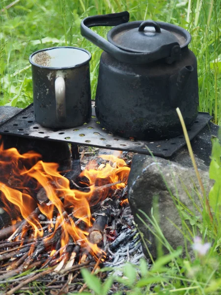 Théière et bouilloire sur un feu en été — Photo