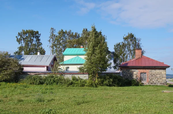 Björk och hus kusten av sjön — Stockfoto