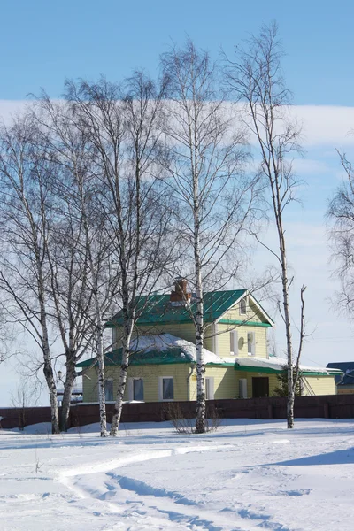 Une petite maison en bois dans une forêt enneigée — Photo