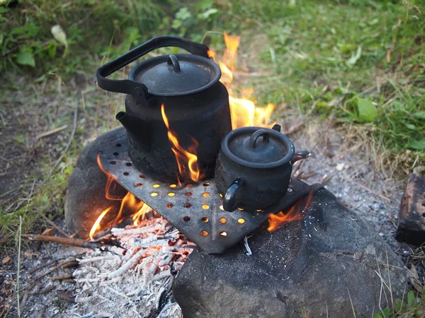 Teapot and kettle on a fire in the summer — Stock Photo, Image
