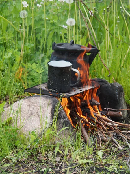 Theepot en waterkoker op een brand in de zomer — Stockfoto