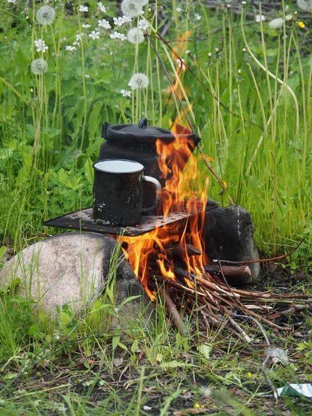 Teiera e bollitore su un fuoco in estate — Foto Stock