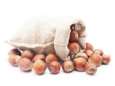 beyaz zemin üzerinde bir çanta içinde fındık