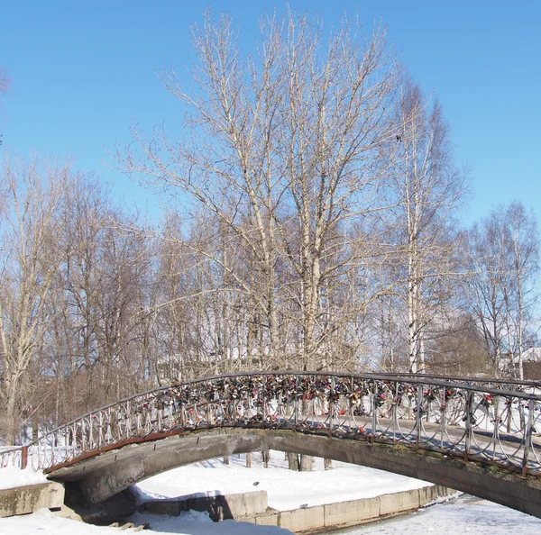Bron genom floden på vintern — Stockfoto