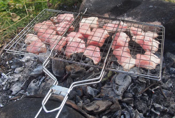 Μπάρμπεκιου κρέας φέτες προετοιμασία στην πυρκαγιά — Φωτογραφία Αρχείου