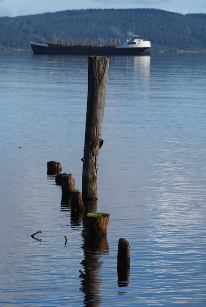 Barco y pilas en el lago — Foto de Stock