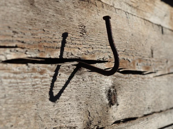 Ohnutý hřebík do dřevěné stěny — Stock fotografie