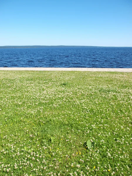 Göl, gökyüzü ve çim — Stok fotoğraf