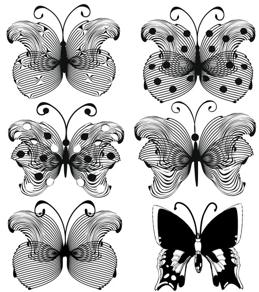 Satz abstrakter durchbrochener schwarzer Schmetterlinge isoliert auf weiß — Stockvektor