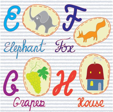 İngilizce alfabesi harfleri e, f, g, h aplike resimleri ve çizgili mavi zemin üzerine sözleri