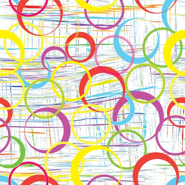 Nahtloses geometrisches Muster mit Regenbogenkreisen auf bunt gestreiftem Grunge-Hintergrund — Stockvektor