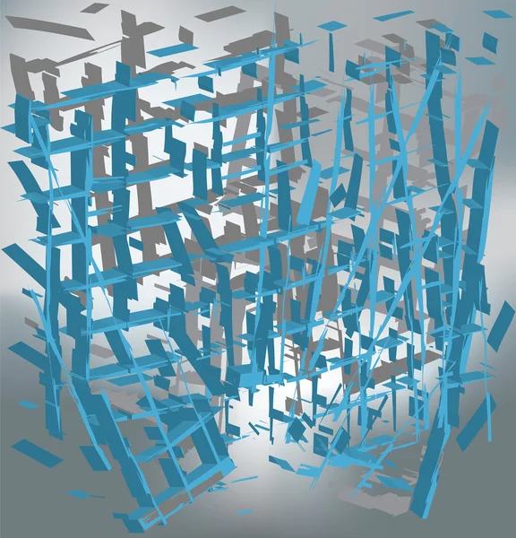 Abstrakt 3d sammansättning med förstörelse och explosion av byggnaden — Stock vektor