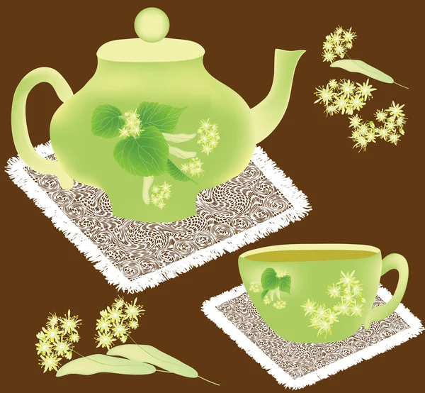 Théière et tasse avec fleurs de tilleul sur fond broun avec serviettes blanches — Image vectorielle