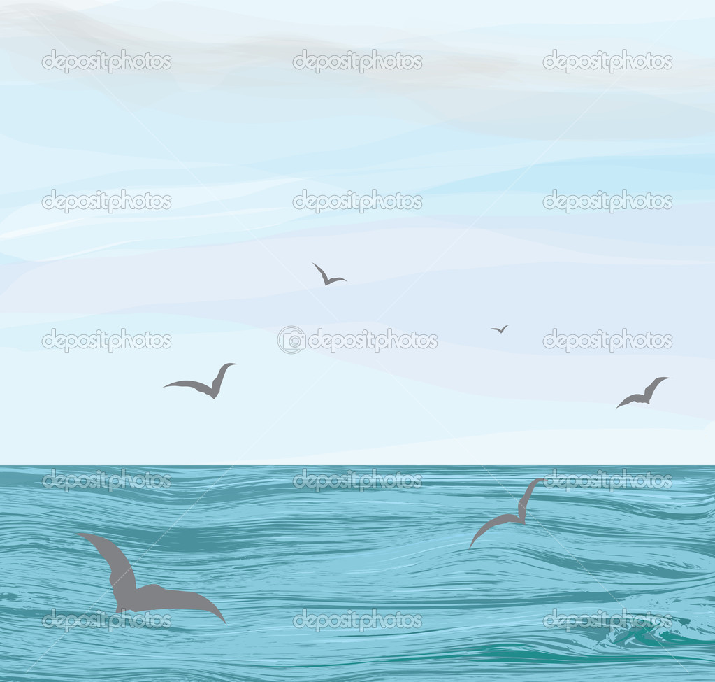 Seascape with ripple water surface,cloudy sky,flying seagulls