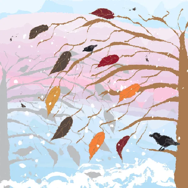 Paysage avec arbre, oiseaux, ciel nuageux.Version vitrail . — Image vectorielle