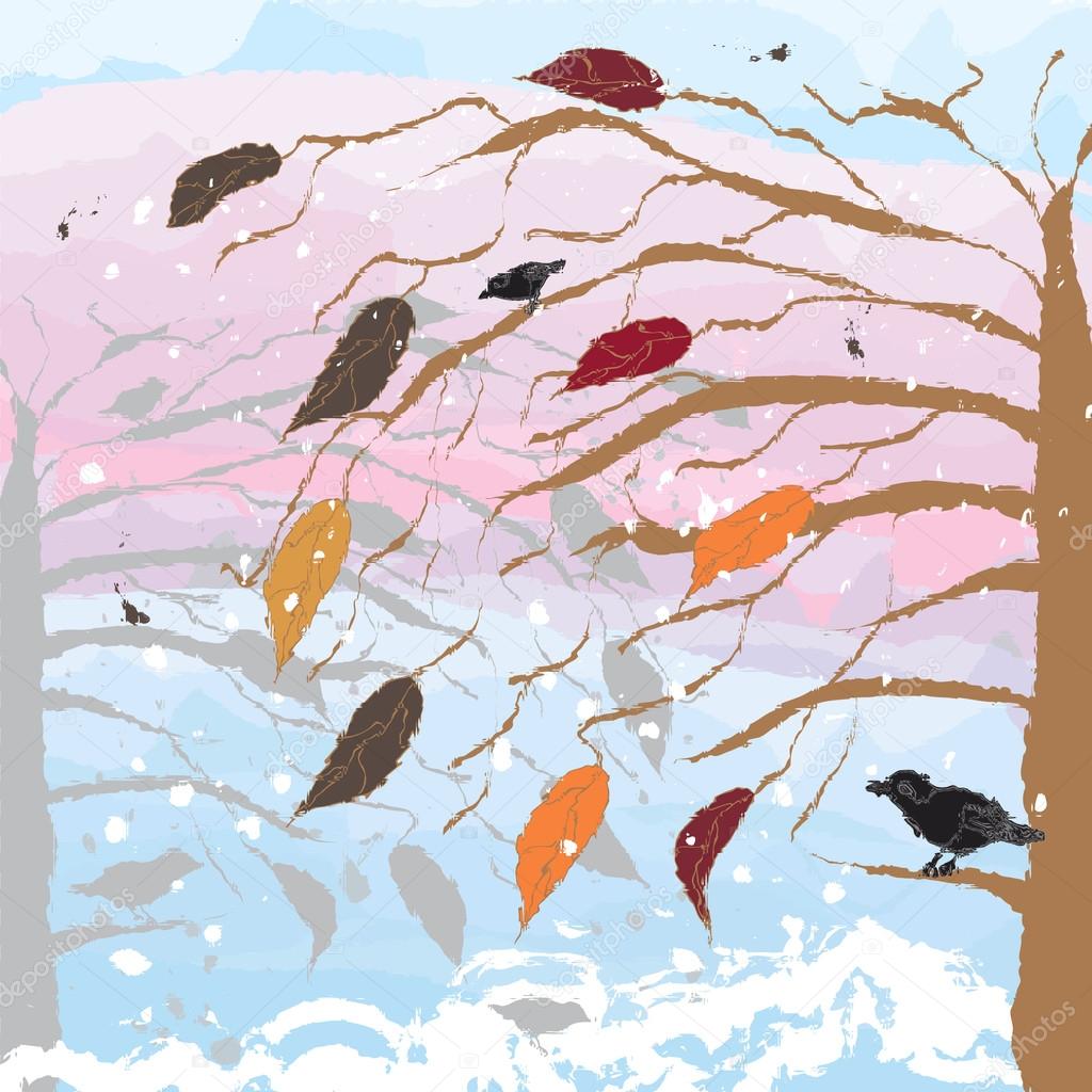 Landscape with tree,birds,cloudy sky.Stained glass version.