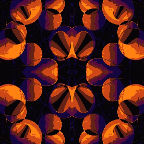 Sömlös symmetriska mönster med grunge cirklar i orange, lila och svarta färger — Stock vektor