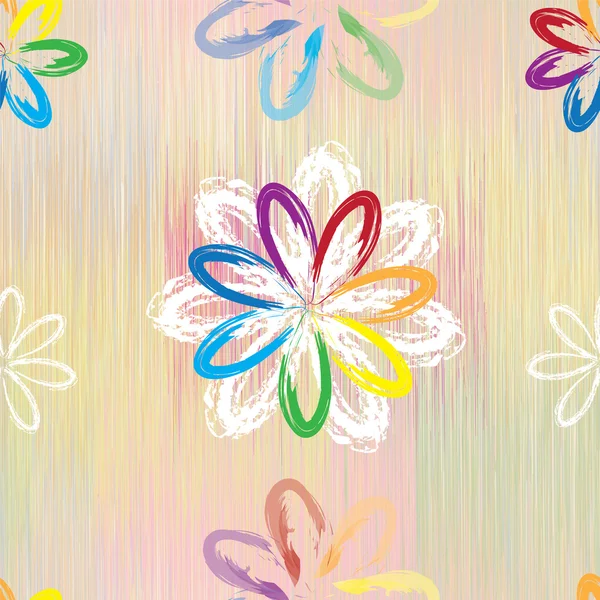 Flores de arco iris abstractas sobre fondo rayado grunge colorido en patrón sin costuras — Vector de stock