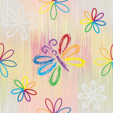 Gökkuşağı çizgi film butterfy ve çiçeklerle pastel renklerde çizgili arka planda seamless modeli