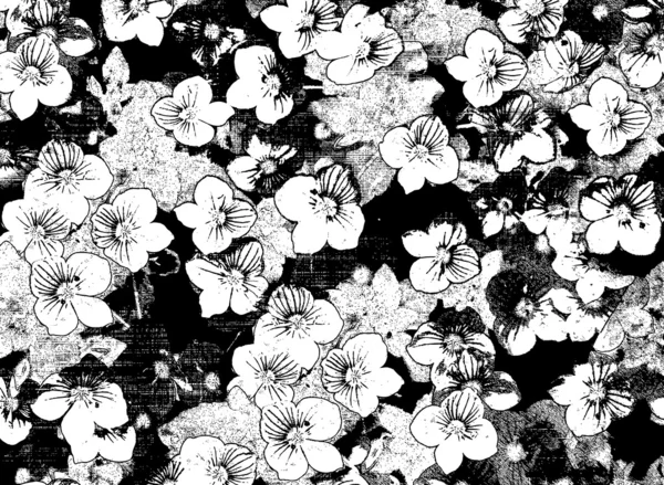 Tarjeta floral bosquejada en blanco y negro con pequeñas flores sobre fondo grunge manchado y rayado — Vector de stock