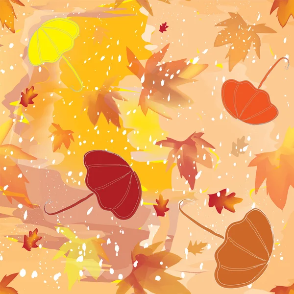 Seamless pattern with umbrellas, leaf fall and sleet — Stock Vector