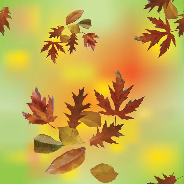 Seamless autumnal pattern with dead leafs on colorful grunge stained background — Stock Vector