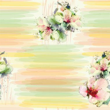 Seamless pattern with spring flowers on grunge striped colorful background in pastel colors