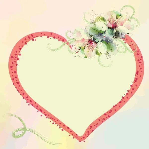 Tarjeta de invitación de boda con corazón abstracto y ramo de flores en colores pastel — Vector de stock
