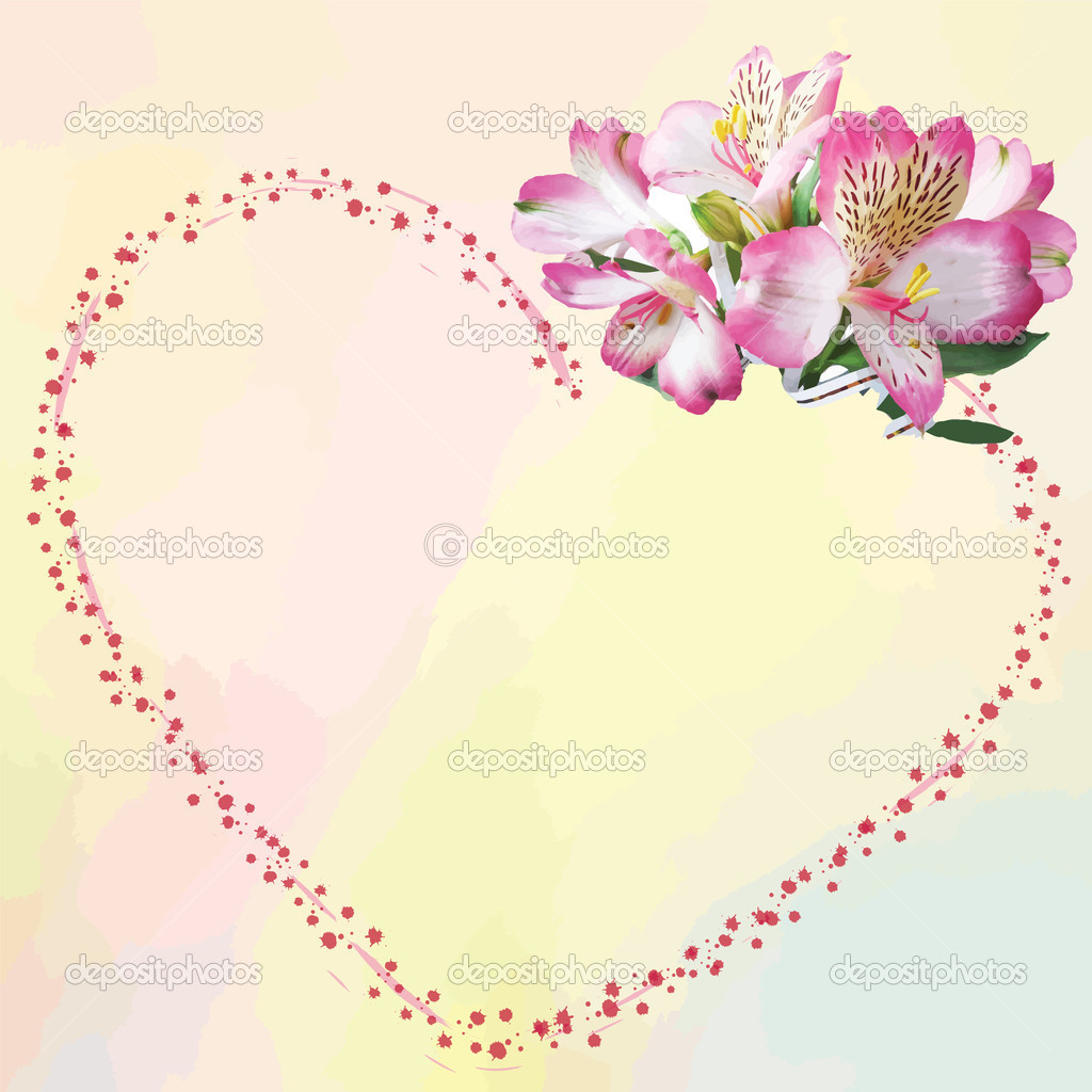 Greeting card with bouquet and abstract heart on light background in pastel colors