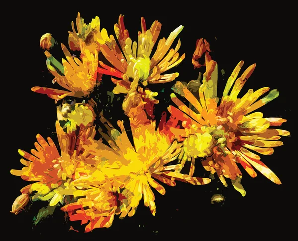 Stilisierte Grunge-gefärbte gelbe Chrysanthemen auf schwarzem Hintergrund — Stockvektor