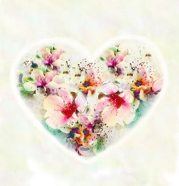 Vintage valentine card with abstract heart with flowers on hazed watercolor background — Stock Photo, Image