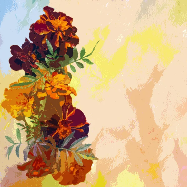 Grunge βάφονται floral προσκλητήριο με marigolds στυλιζαρισμένη απλικέ — Φωτογραφία Αρχείου