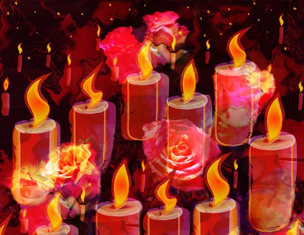 Grunge stained  sketching card with burning candles and  roses on gark background — Stock Photo, Image