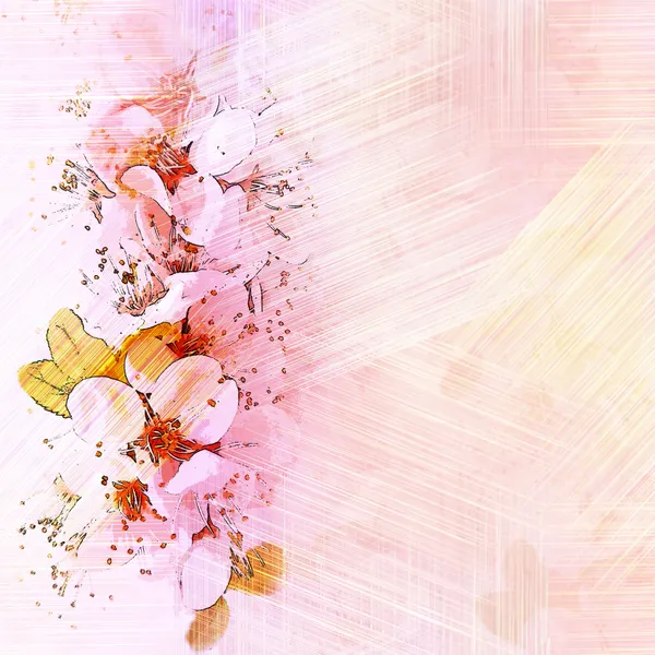 Квіткова старовинна листівка з ескізом вишневих квітів на гранжевому смугастому фоні в пастельних тонах — стокове фото