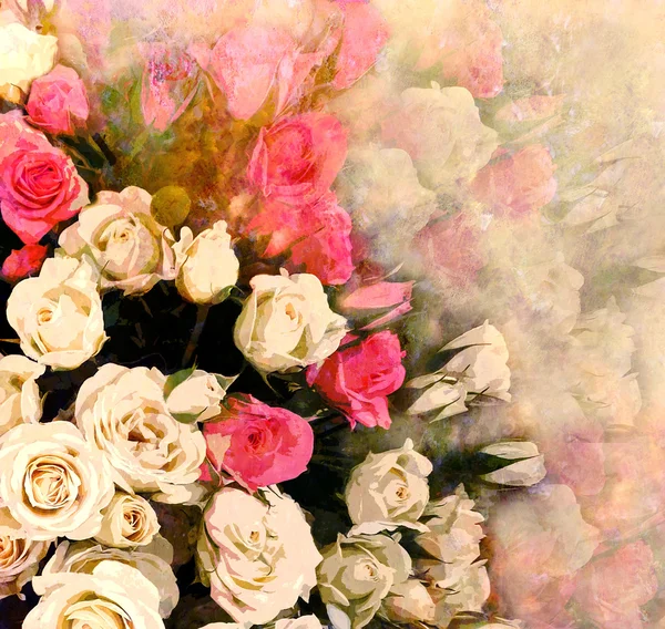 Biglietto di auguri floreale con mazzo di rose su sfondo nebbioso — Foto Stock
