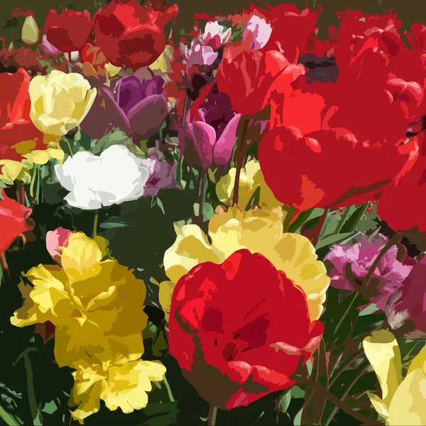 Stilisierte bunte Tulpen auf Grunge-gefärbtem Hintergrund — Stockvektor
