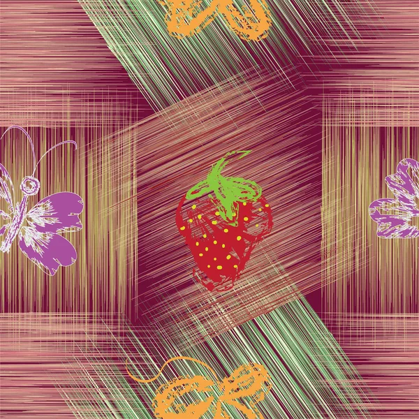 无缝模式与抽象草莓，蝴蝶和叶上 grunge 条纹网格背景 — 图库矢量图片