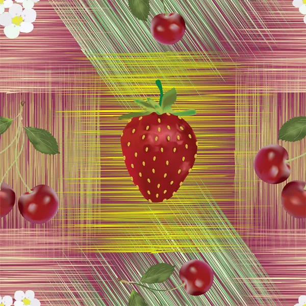 Seamless pattern with strawberry, cherry and flowers on grunge striped grid  background — Stock Photo, Image