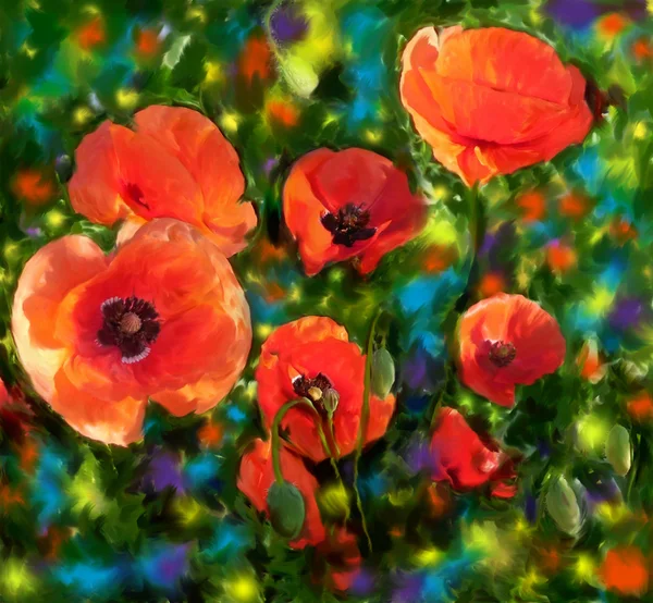 Floral κάρτα με φωτεινές κόκκινες παπαρούνες σε grunge βάφονται ζωηρόχρωμο κλίμα — Φωτογραφία Αρχείου