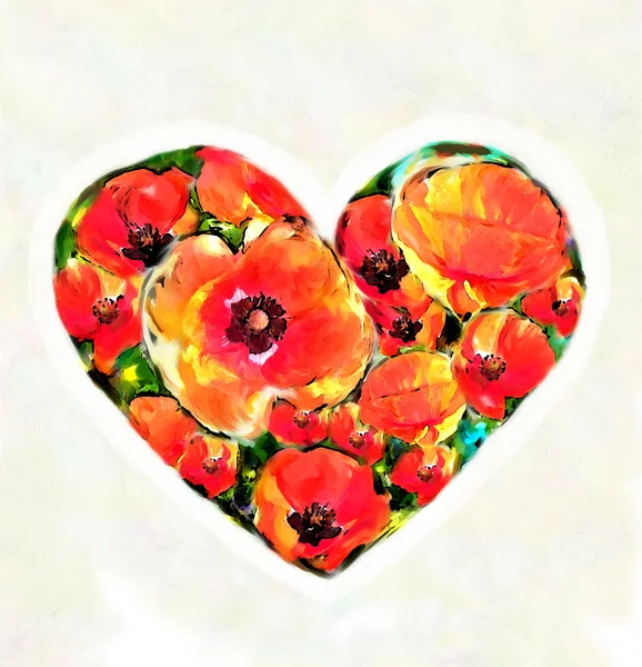 Vintage valentine card with abstract heart with stylized poppies — Stock Photo, Image