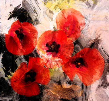 grunge üzerinde kırmızı stilize poppies lekeli ve dinamik arka şeritli