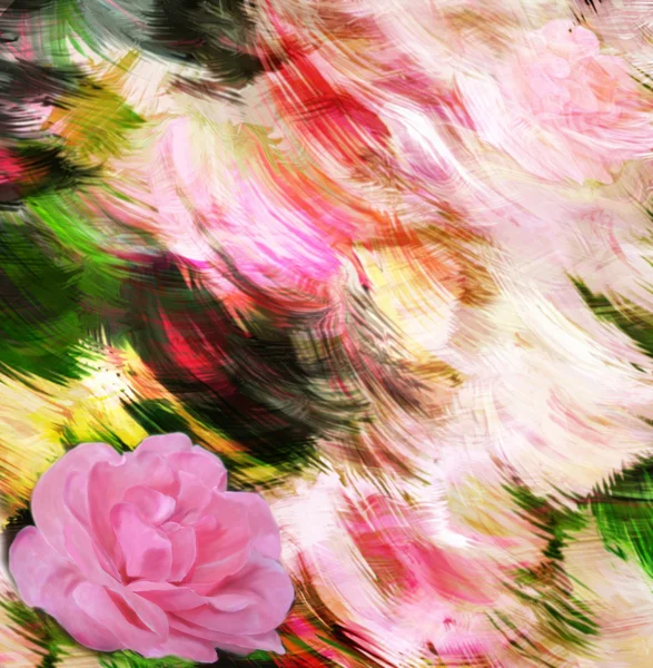 Floral greeting card with pink rose on grunge stained colorful background — Stock Photo, Image