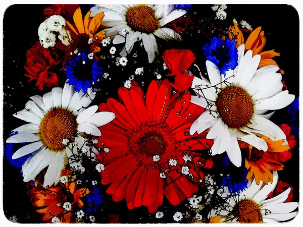 Carte de voeux avec bouquet de fleurs colorées stylisées sur fond noir — Photo