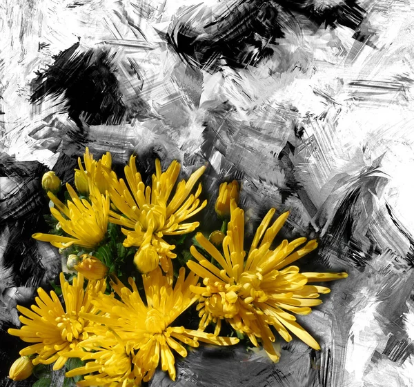 Abstact Floral Background Bouquet Yellow Chrysanthemums Grunge Striped Stain Scratched — Photo