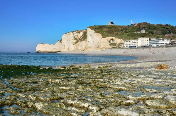 Pebble Beach Famous Upstream Cliffs Etretat Commune Seine Maritime Department — Stock Photo, Image