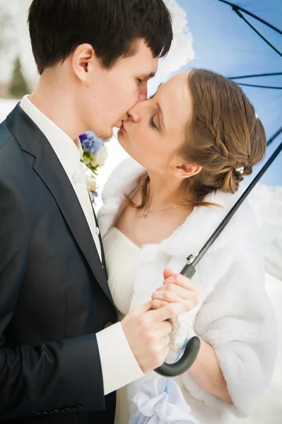 The bride and groom in the park in winter — Stock Photo, Image