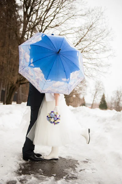 Nevěsta a ženich v parku v zimě — Stock fotografie